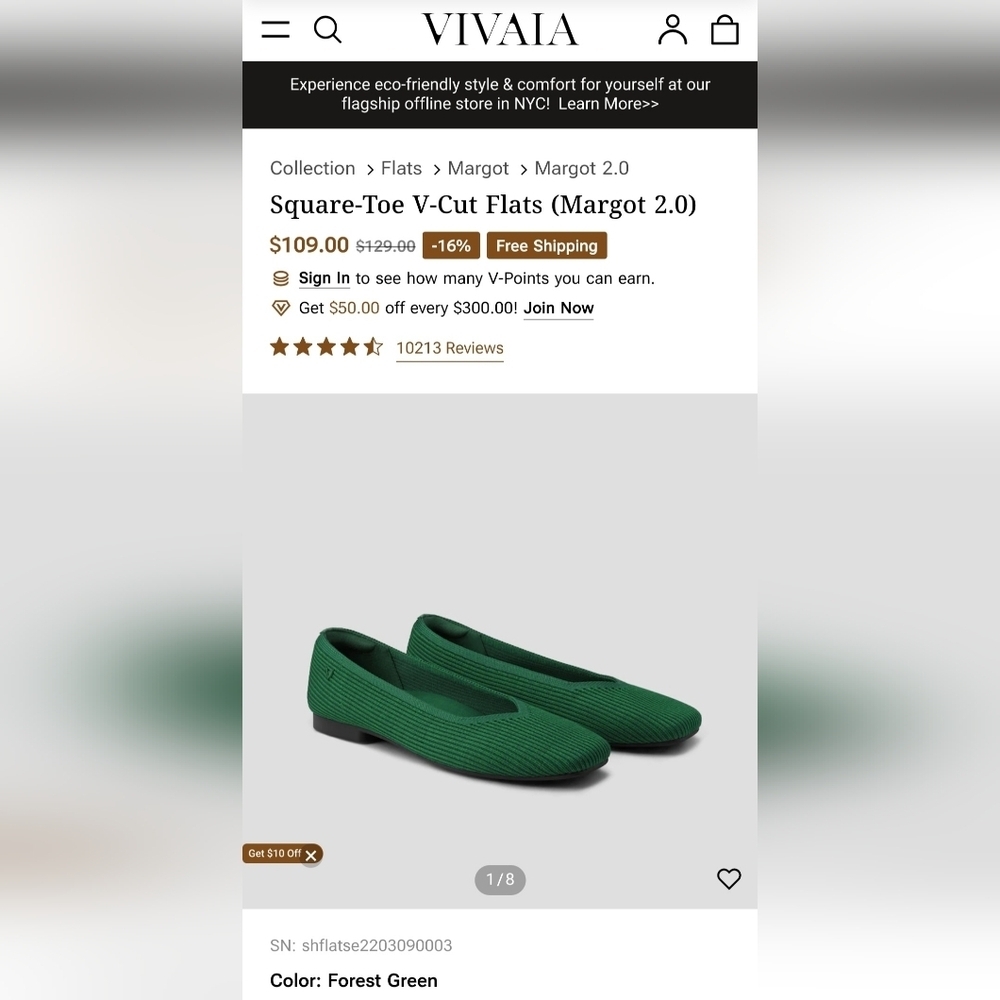 VIVAIA Margot 2.0 Square-Toe V-Cut Flats in Forest Green